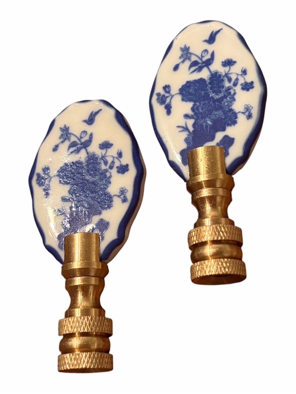 Blue and White Porcelain Floral Lamp Finials with Brass Bases - 2 3/4” tall NWOT